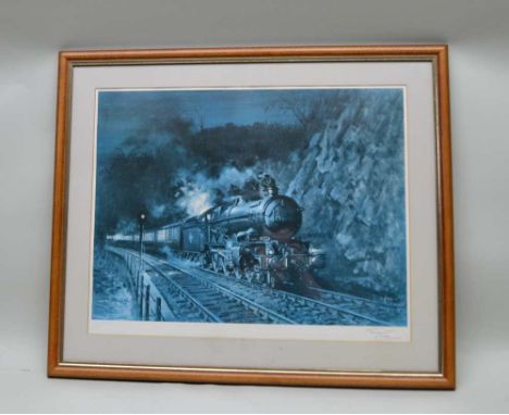 AFTER TERENCE CUNEO 'Steam Train' colour print, 53cm x 70cm, signed in pencil, also with blind stamps, stained wood frame, gl