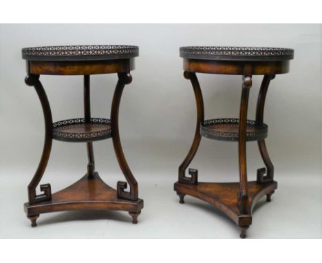 A PAIR OF GOOD QUALITY REPRODUCTION POLLARD WALNUT CIRCULAR TOPPED LAMP / SIDE TABLES purchased at 'Brights of Nettlebed', ha