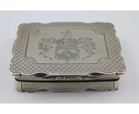 NATHANIEL MILLS, AN EARLY VICTORIAN SILVER SNUFF BOX, engine turned decoration, the hinged cover engraved with an armorial co