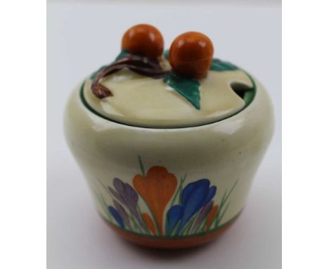 AN ART DECO CLARICE CLIFF, BIZARRE PATTERN POTTERY MARMALADE POT with cover, hand painted crocus pattern, printed factory mar