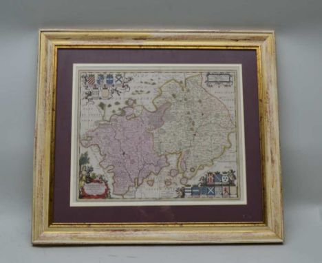 A DECORATIVELY PLAIN MOUNTED AND DISTRESSED EFFECT FRAMED LATER COLOURED MAP OF WARWICKSHIRE and Worcestershire, to include t