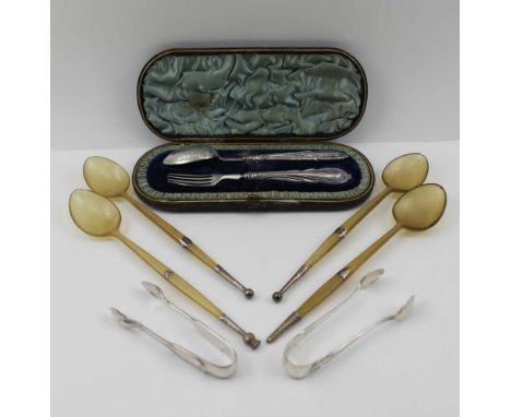 HILLIARD &amp; THOMASON, A LATE VICTORIAN CHRISTENING SET, comprising fork &amp; spoon, Birmingham 1888, in a silk and leathe