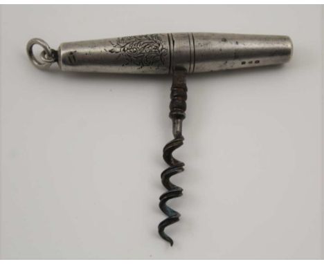 A VICTORIAN SILVER CASED TRAVELLING CORKSCREW, double worm steel screw, with attachment ring, 7.5cm, Chester 1897 