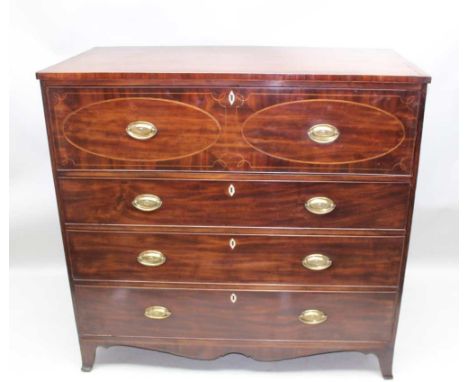 A 19TH CENTURY MAHOGANY SECRETAIRE CHEST having crossbanded and string inlaid top, the top drawer opening to reveal leather w