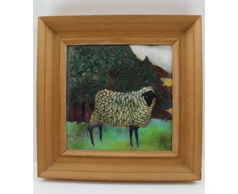BERYL TURPIN (1926-2016) 'Sheep in a Landscape', enamel picture on copper panel, 19.5cm square, pine framed 