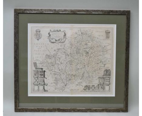 AN UNCOLOURED DECORATIVELY MOUNTED GLAZED AND FRAMED MAP showing the areas of Warwickshire, Worcester and the Liberty of Cove