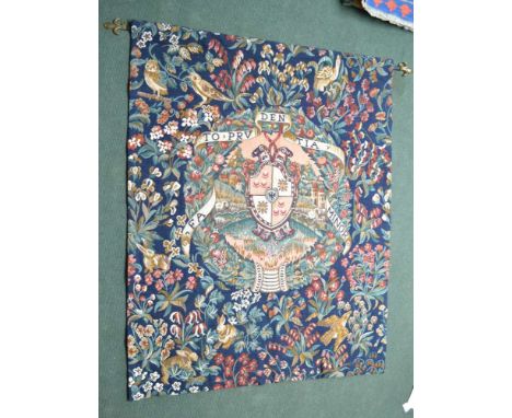 A MACHINE MADE HANGING TAPESTRY with central Heraldic shield, and Latin motto scroll, featuring woodland animals, amongst fol