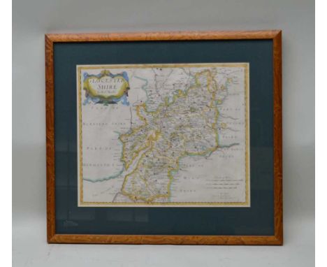 A LATER COLOURED ROBERT MORDEN COUNTY MAP OF GLOUCESTERSHIRE, plain mounted in slender wood effect frame, approx, 35cm x 42cm