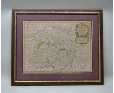 A LARGE LATER HAND COLOURED COUNTY MAP OF SHROPSHIRE by Bowen, with dedication to Henry Arthur Herbert the Earl of Powys, pla