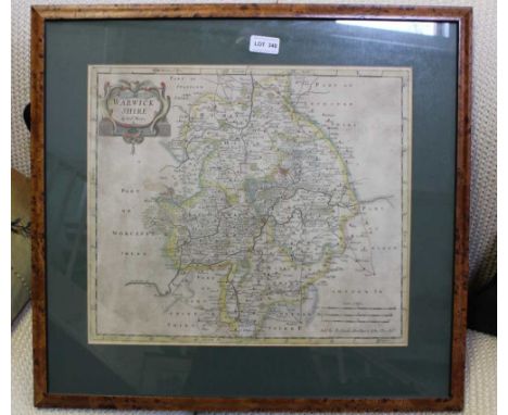 A LATER HAND COLOURED ROBERT MORDEN COUNTRY MAP OF WARWICKSHIRE, plain mounted in wood effect frame, approx. 36cm x 42cm