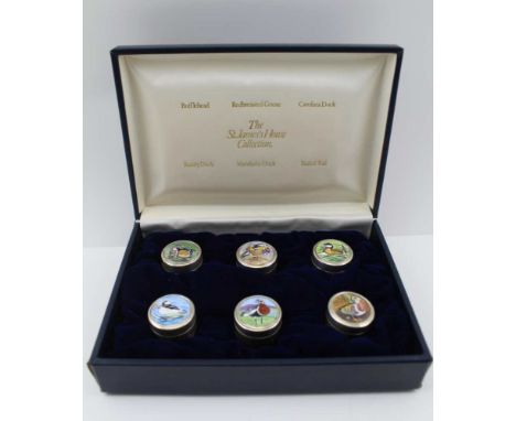 THE ST. JAMES'S HOUSE COLLECTION, A SET OF SIX LIMITED EDITION SILVER LIDDED CANNISTER BOXES, each with an enamel ornithologi