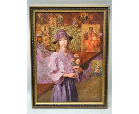 WLADYSLAW LALITZKY (1935-2008) 'Sophia Alexandrina', portrait painting with roses, a background of icons, oil painting on pan