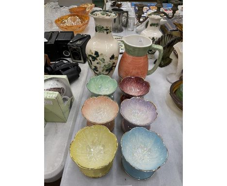 A SET OF SIX COLOURED BESWICK LUSTRE BOWLS PLUS TWO MASON'S CHARTREUSE VASES AND A DUDSON JUG 