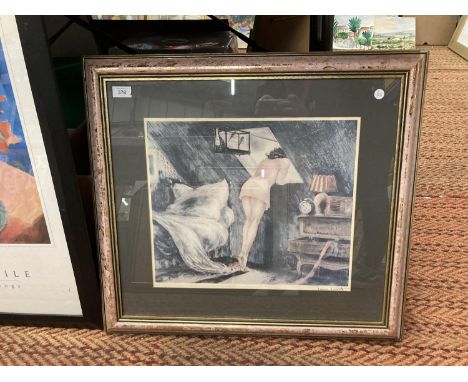 A FRAMED PRINT OF A FEMALE IN NIGHTWEAR LEANING OUT OF A WINDOW H: 62CM W: 68CM 
