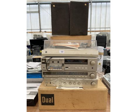 A DUAL STEREO SYSTEM TO INCLUDE RECORD DECK, CASETTE PLAYER, TUNER, AMPLIFIER AND TWO CASTLE SPEAKERS ETC 