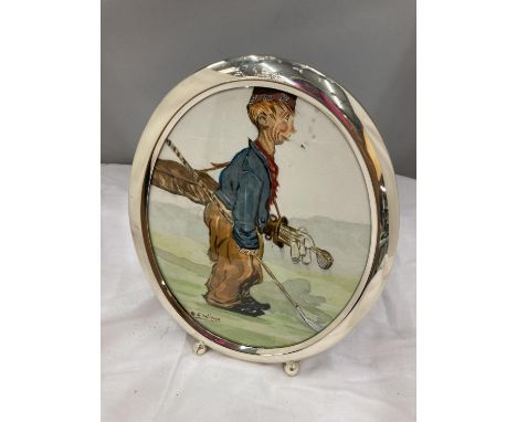 A FRAMED WATERCOLOUR OF A GOLFING CADDY SIGNED D F WILSON 