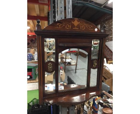 AN EDWARDIAN STYLE INLAID HALL MIRROR WITH SHELF 47CM X 60CM APPROX 