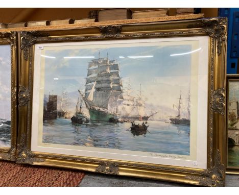 A LARGE ORNATE EMBOSSED GILT FRAMED PRINT OF THE THERMOPYLAE LEAVING FOOCHOW BY MONTAGUE DAWSON W: 90CM 