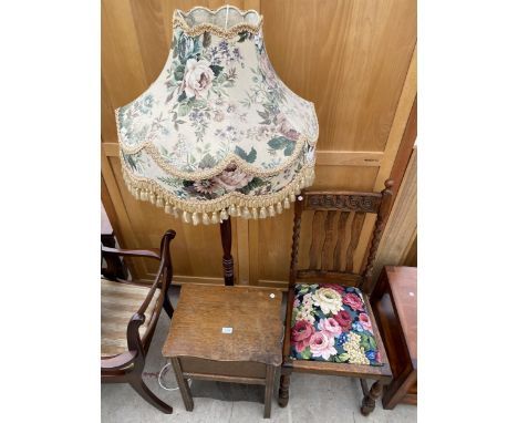AN OAK SEWING BOX/TABLE, STANDARD LAMP COMPLETE WITH SHADE AND BARLEYTWIST OAK DINING CHAIR 