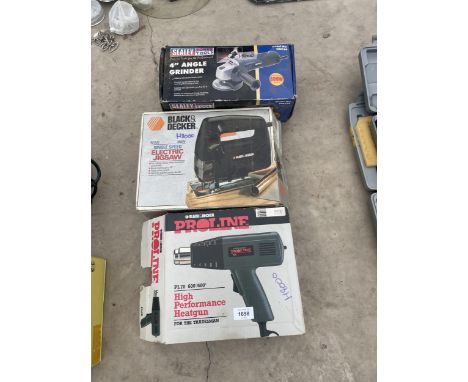 A SEALY SANDER, A BLACK AND DECKER JIGSAW AND A HEAT GUN ETC 