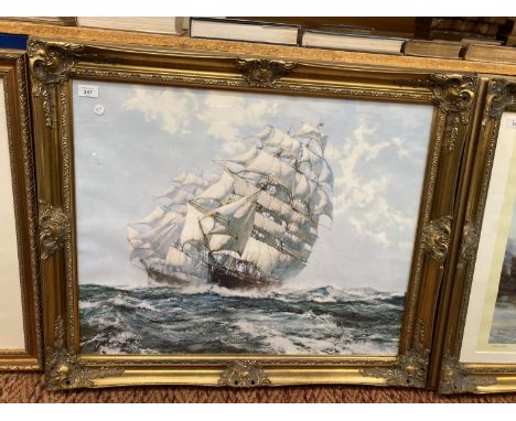 A LARGE ORNATE EMBOSSED GILT FRAMED PRINT OF TWO CLIPPER SHIPS IN ROUGH SEAS BY MONTAGUE DAWSON W: 90CM 