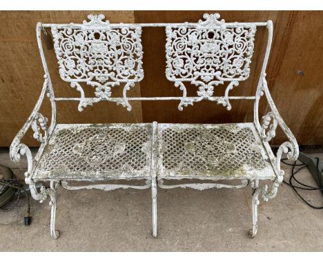 A VINTAGE CAST ALLOY TWO SEATER BENCH WITH DECORATIVE BACK AND SEAT (L:96CM) 