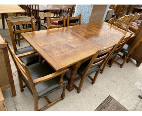 A GEORGE III STYLE LIGHT OAK EXTENDING REFECTORY TABLE ON TURNED LEGS, 72X39" (TWO LEAVES 19.5" EACH) AND EIGHT DINING CHAIRS