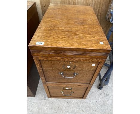 A VINTAGE WOODEN TWO DRAWER INTERLOCKING FILING CABINET 