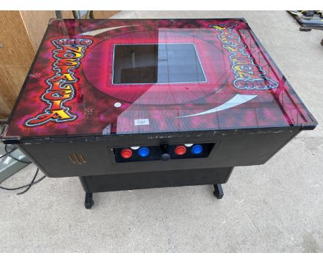 A VINTAGE AND RETRO 1980'S VIDEO NOSTALIGIA GAMES TABLE PRE LOADED WITH EIGHT GAMES TO INCLUDE PACMAN, SPACE INVADERS AND SNA