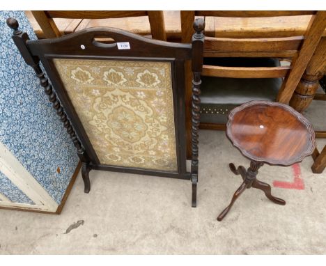 AN OAK BARLEYTWIST TAPESTRY FIRE SCREEN AND MODERN TRIPOD WINE TABLE 