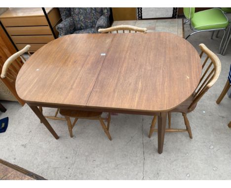 A RETRO TEAK EXTENDING DINING TABLE, 60X37.5" (LEAF 21") AND FOUR ERCOL ELM AND BEECH DINING CHAIRS, N.B. ONE CHAIR HAS NO BA