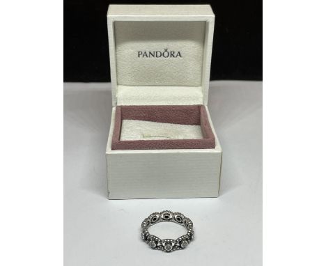 A PANDORA SILVER RING WITH TEN CUBIC ZIRCONIA SIZE K/L IN ORIGINAL PRESENTATION BOX 