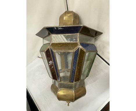 A MORROCAN STYLE BRASS AND COLOURED GLASS LARGE PENDANT LIGHT 