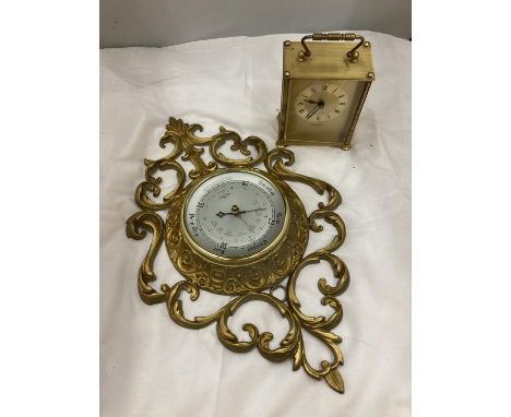 A GILT FRAMED BAROMETER AND A SCHILLER CARRIAGE CLOCK 