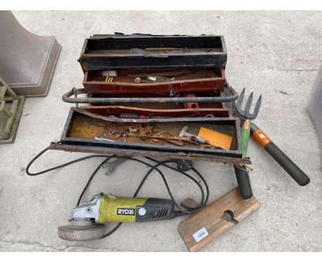 AN ASSORTMENT OF TOOLS TO INCLUDE SPANNERS, A RYOBI ANGLE GRINDER AND SHEARS ETC 