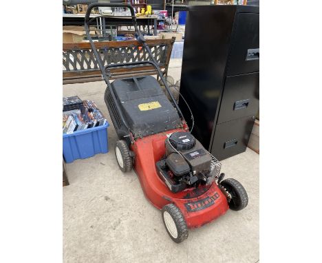 A CHAMPION PETROL LAWN MOWER WITH BRIGGS AND STRATTON ENGINE AND GRASS BOX 