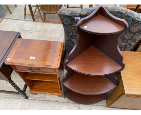 A YEW WOOD BEDSIDE CHEST AND CORNER SHELF UNIT 