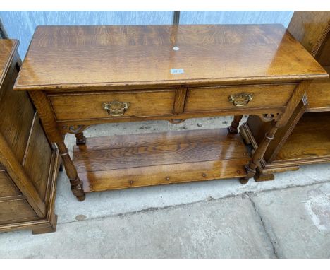 A GEORGE III STYLE LIGHT OAK SIDE-TABLE WITH TWO DRAWERS ON OPEN BASE, 36" WIDE, ON TURNED LEGS 