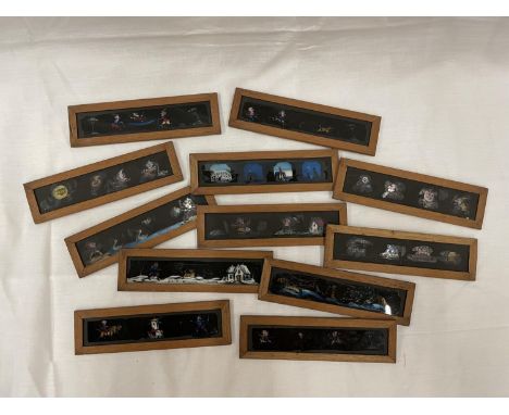 TWELVE HAND PAINTED MAGIC LANTERN SLIDES IN A WOODEN STORAGE BOX 