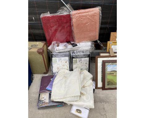 AN ASSORTMENT OF NEW BEDDING AND CURTAINS ETC 