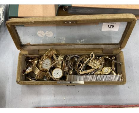 A VICTORIAN DISPLAY BOX CONTAINING A NUMBER OF WRISTWATCHES INCLUDING SEKONDA, TIMEX, TISSOT, ETC 