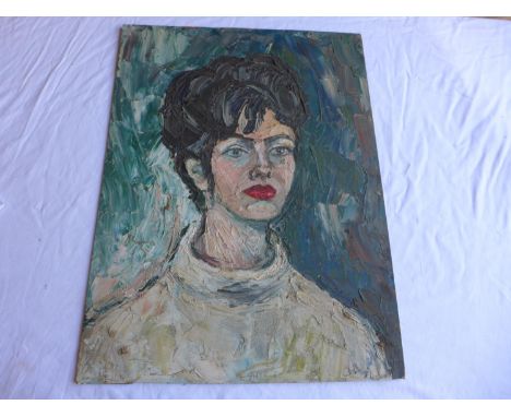 IN THE MANNER OF JAMES LAWRENCE ISHERWOOD, PORTRAIT OF A YOUNG WOMAN, OIL ON BOARD, 61X45.5CM, VERSO GEOMETRIC PICTURE, FROM 