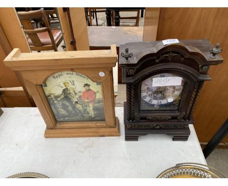 A PINE CASED WALL CLOCK AND A DECORATIVE MANTLE CLOCK BOTH BELIEVED WORKING BUT NO WARRANTY 