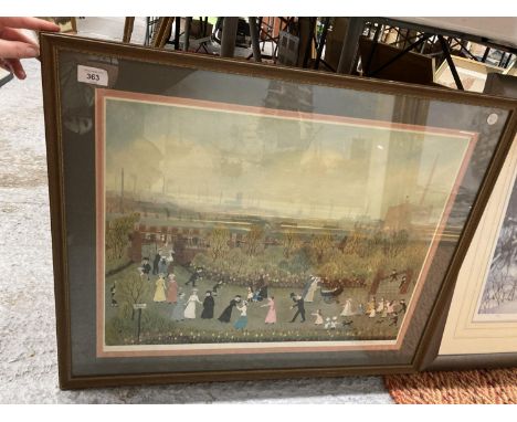 A LARGE FRAMED VINTAGE PRINT DEPICTING A PARK SCENE SIGNED BY HELEN BRADLEY 1972 W: 76CM 
