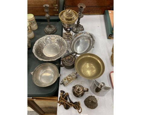 A QUANTITY OF SILVER PLATE ITEMS INCLUDING DISHES, CRUET SET, OIL LAMP, HIP FLASK PLUS A PAIR OF PEWTER CANDLESTICKS, BOWL, E