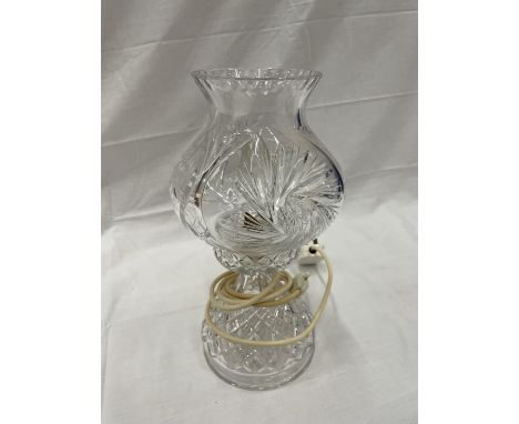 A CUT GLASS TWO PIECE HURRICANE LAMP 31CM TALL 