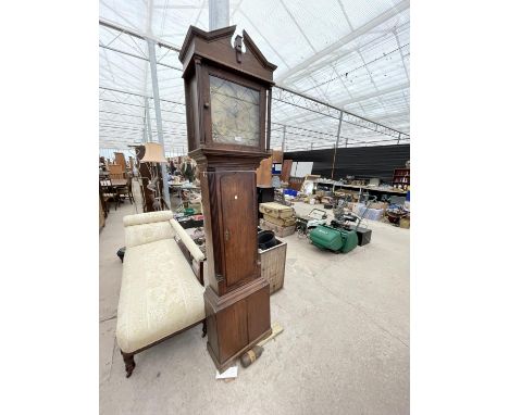 AN 18TH CENTURY OAK LONGCASE CLOCK BY FEARNLY, WIGAN, WITH SQUARE BRASS DIAL 