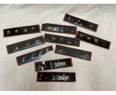 TEN HAND PAINTED MAGIC LANTERN SLIDES SOME DEPICTING HUMPTY DUMPTY IN A WOODEN STORAGE BOX (ONE A/F DAMAGED TO CORNER BUT NOT