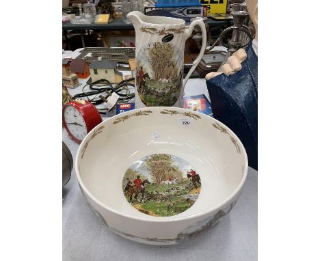 A LARGE COOPERCRAFT JUG AND BOWL WITH HUNTING SCENES 