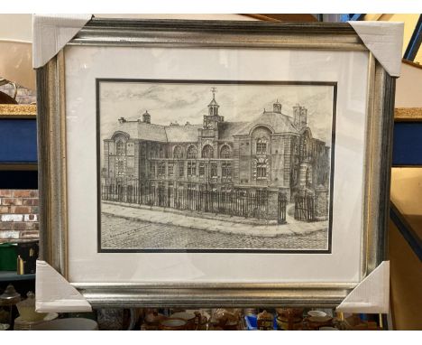 AN ORIGINAL SKETCH OF FARNWORTH GRAMMAR SCHOOL SIGNED 'L. A. CLIFF BA 99' PROFESSIONALLY FRAMED AND MOUNTED W: 62CM H: 51CM 